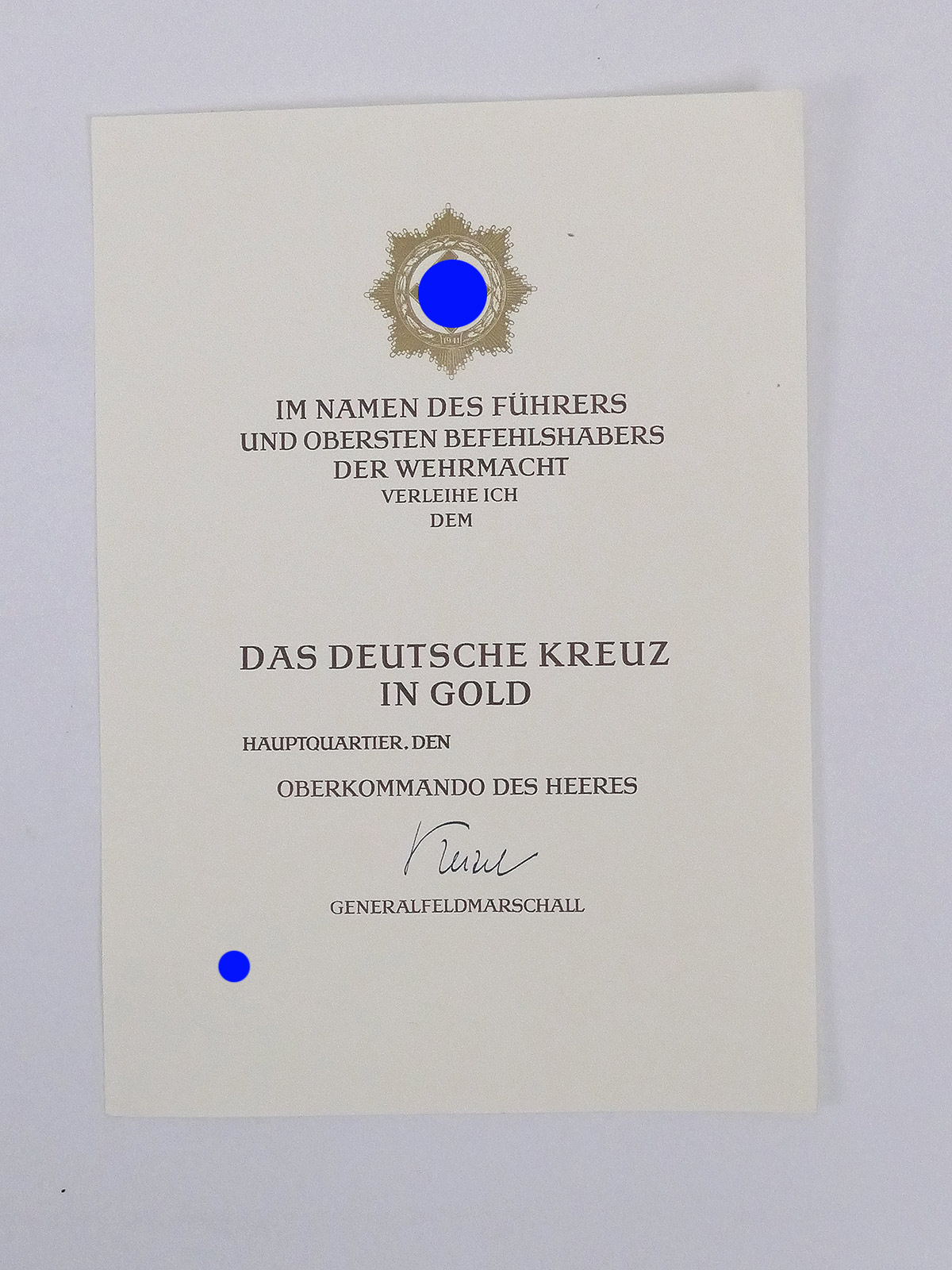Große Blanko Urkunde Deutsches Kreuz in Gold Verleihungsurkunde GFM Keitel