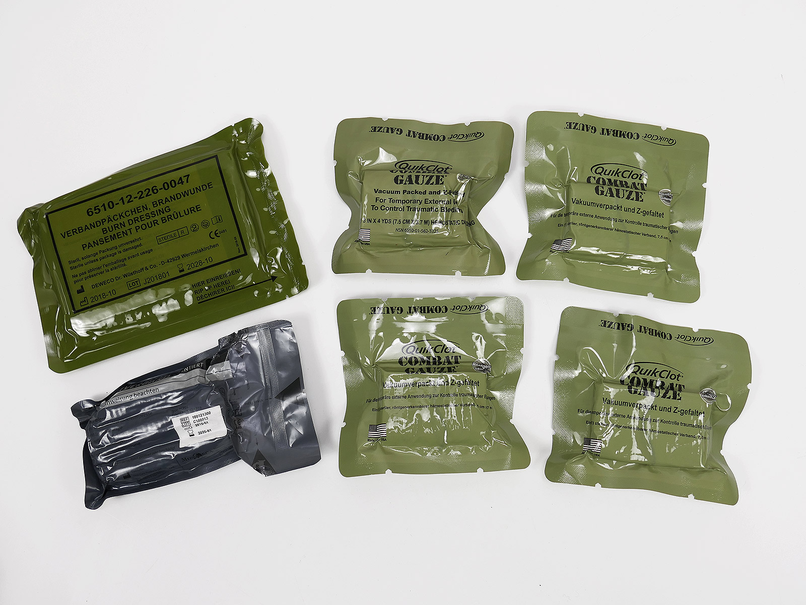 6x Stück FIRST AID Erste Hilfe Tools 4x Quikclot Combat Gaze 1x Brandwunde 1x Emergency Notverband