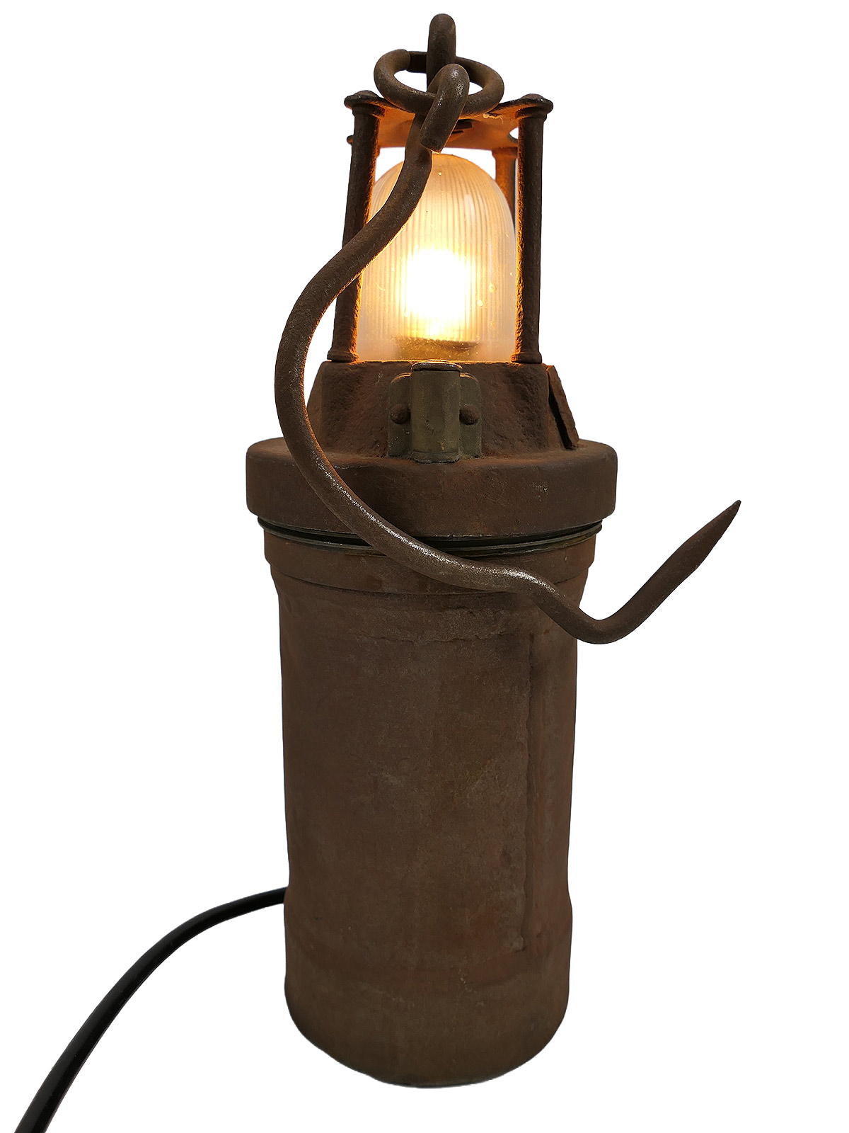 Alte antike Lampe Grubenlampe Bunker Lampe Leuchte mit Haken neu verkabelt NACHTTISCHLAMPE
