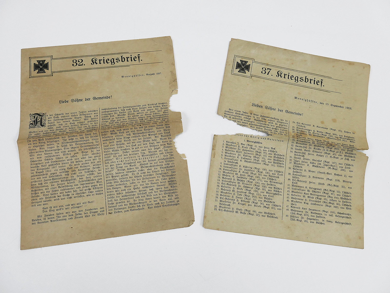 2x Kriegsbrief 1. Weltkrieg 1917 + 1918 Gemeinde Mennighüffen