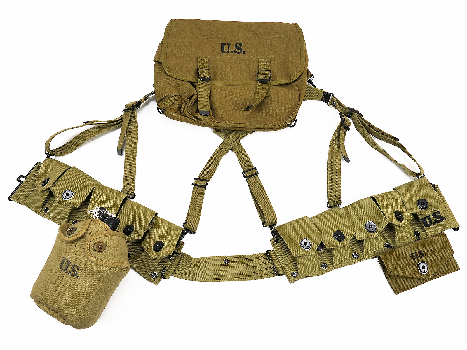 WW2 US Army Sturmgepäck Ausrüstung Garand M1 Ammo Belt Munitionsgurt Musette Bag Feldflasche First Aid Kit