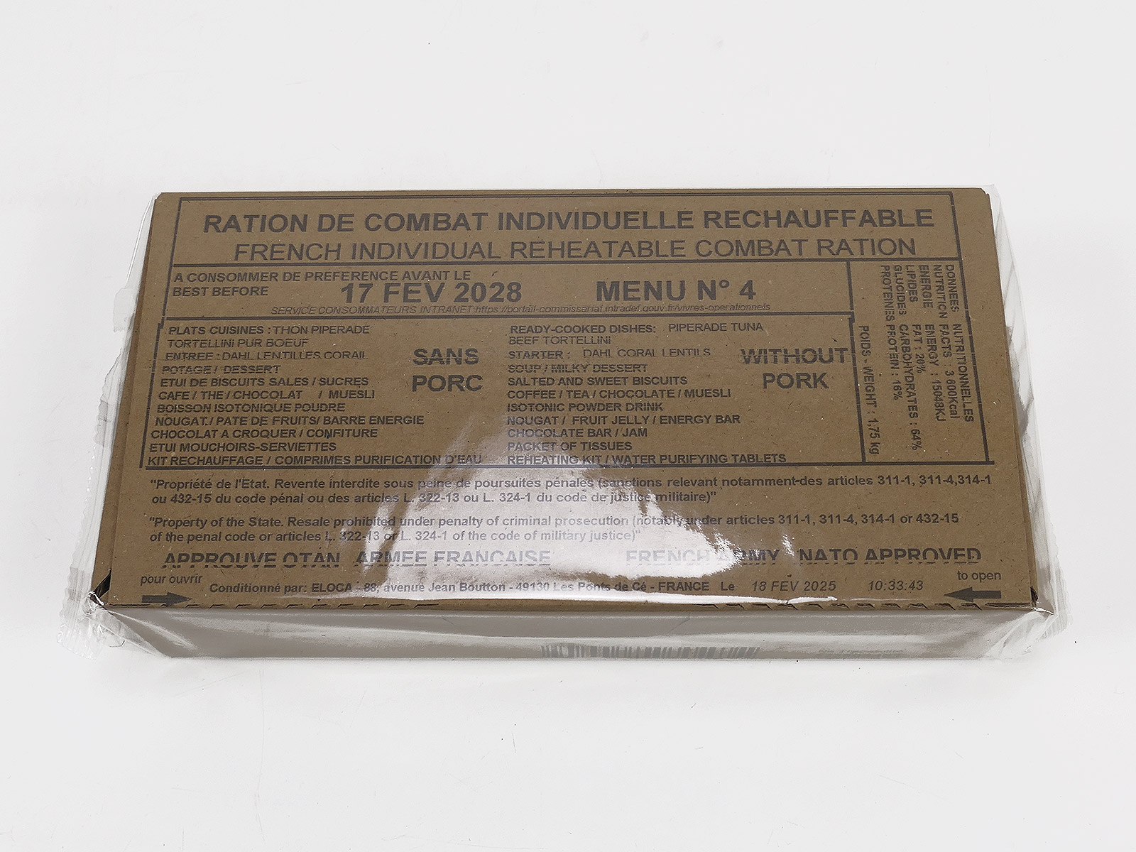 1x French ARMY EPA MRE 1x Combat Ration VERPFLEGUNG KARTON Menue "4" Beef Tortellini / Pip. Tuna