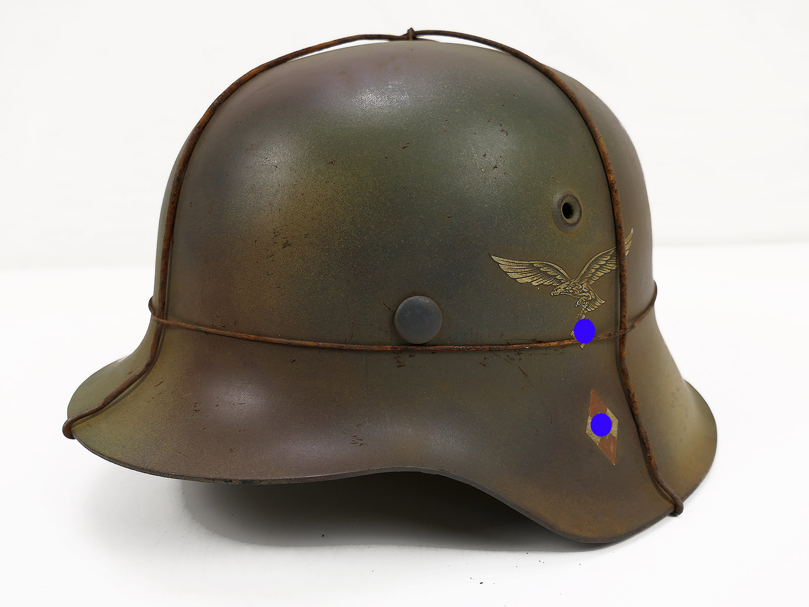 Luftwaffe Hitlerjugend DD Stahlhelm ET62 M42 camouflage Tarnhelm HJ Flak Flakhelfer mit Draht ANTIK BATTLE WORN