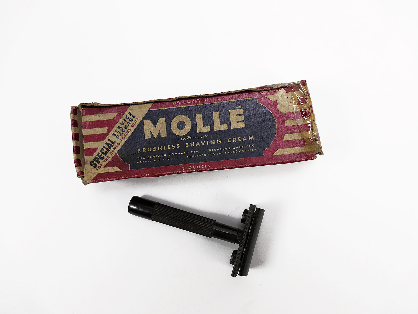 US Army WW2 GI Rasierer / Nassrasierer Shaver + leere Schachtel Rasierschaum Collection BATTLE WORN