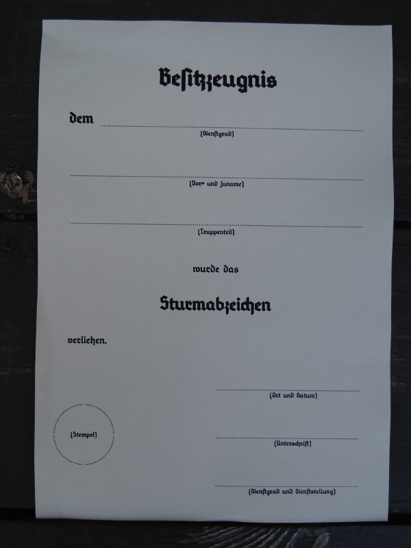 2195-1 Besitzzeugnis "Sturmabzeichen"