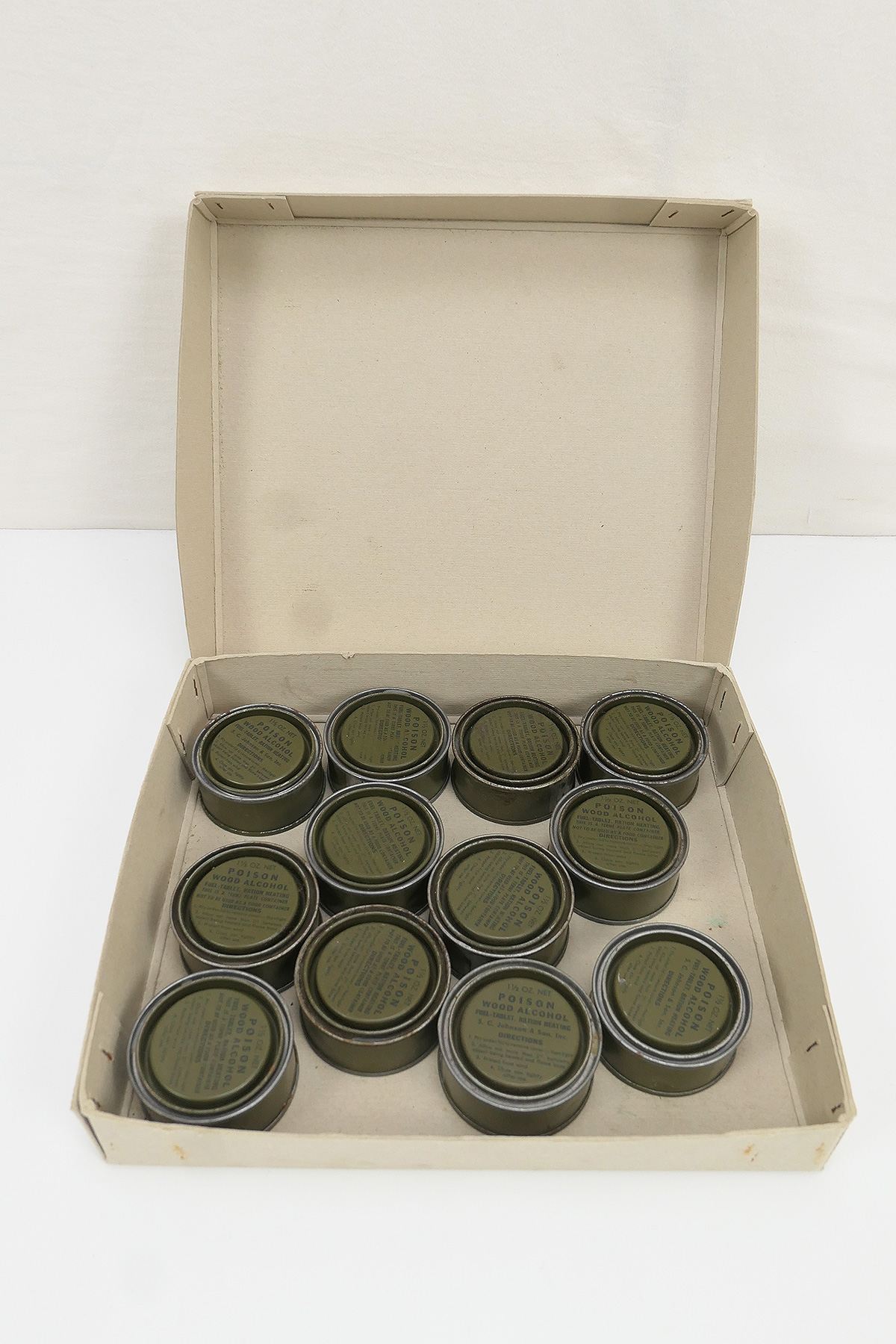 P1540504 US Army Vintage Poison Wood Alcohol Fuel Tablet Ration Heating Tin
