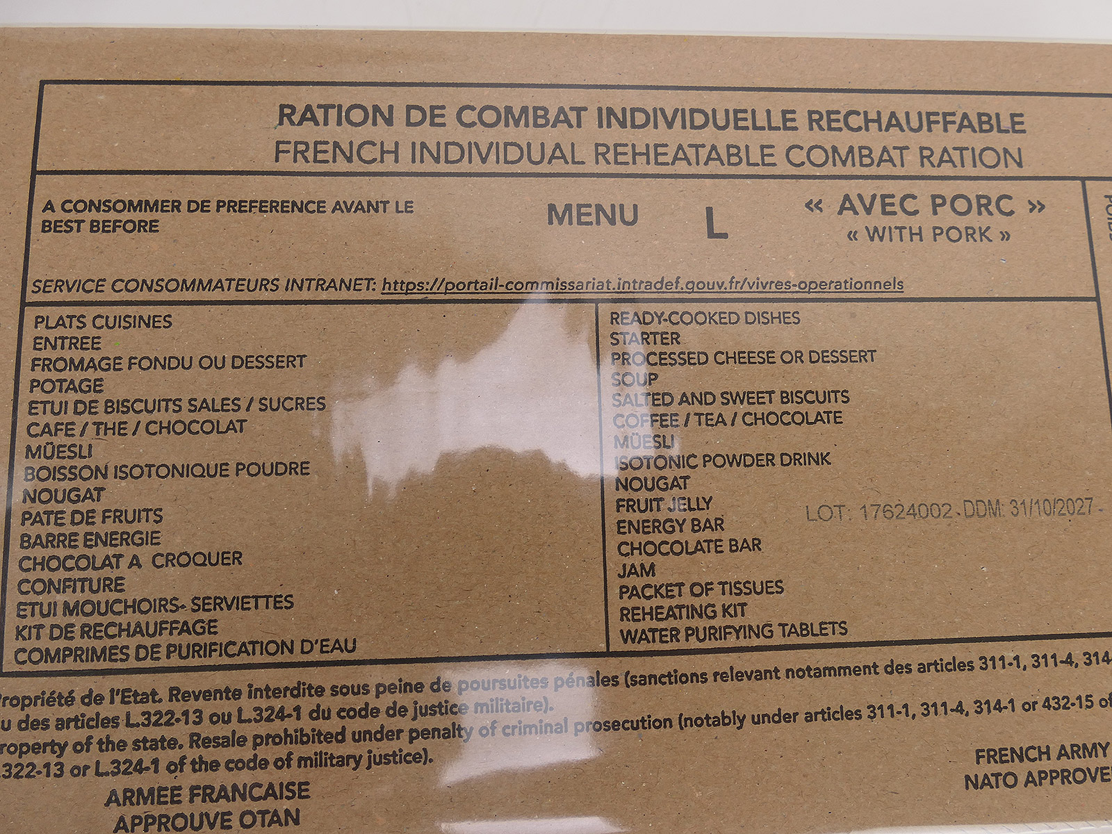French Army Field Rations French ARMY EPA MRE 1x Combat Ration VERPFLEGUNG KARTON Menue