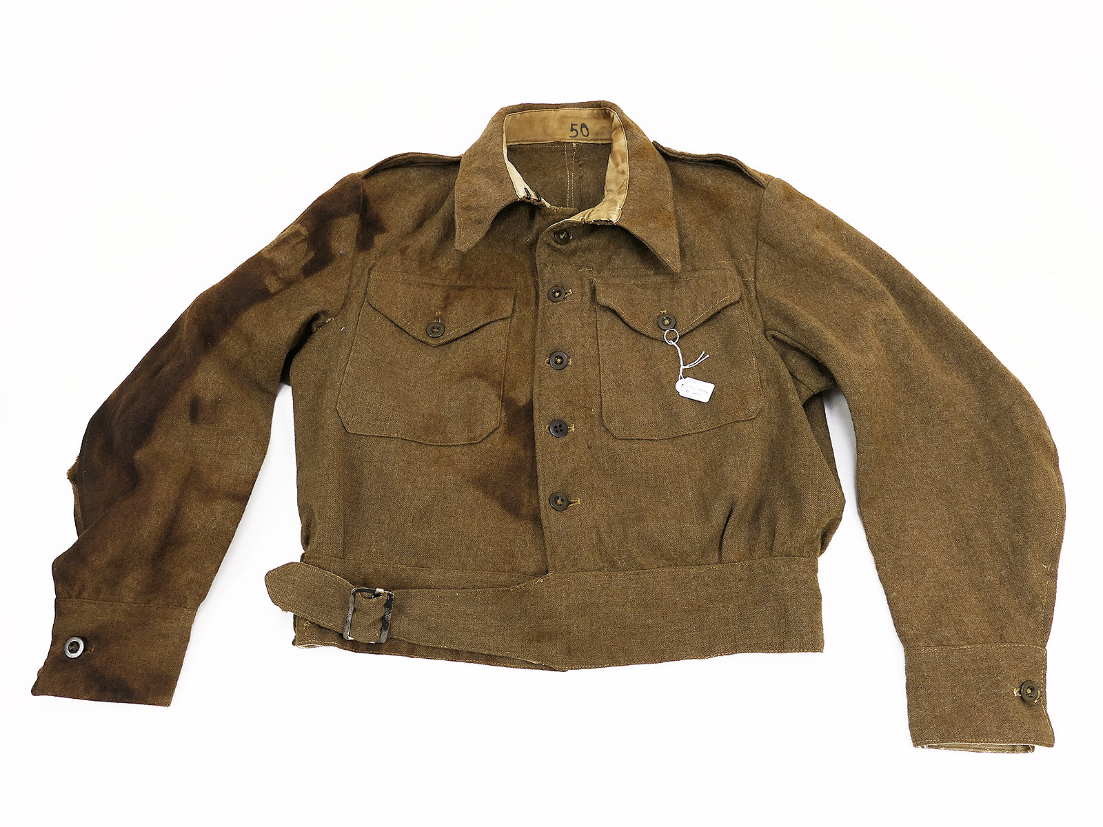 GB British Army BD Battle Dress Blouse Wool Jacket 1937er Pattern Feldbluse COMBAT WORN mit Brandschaden