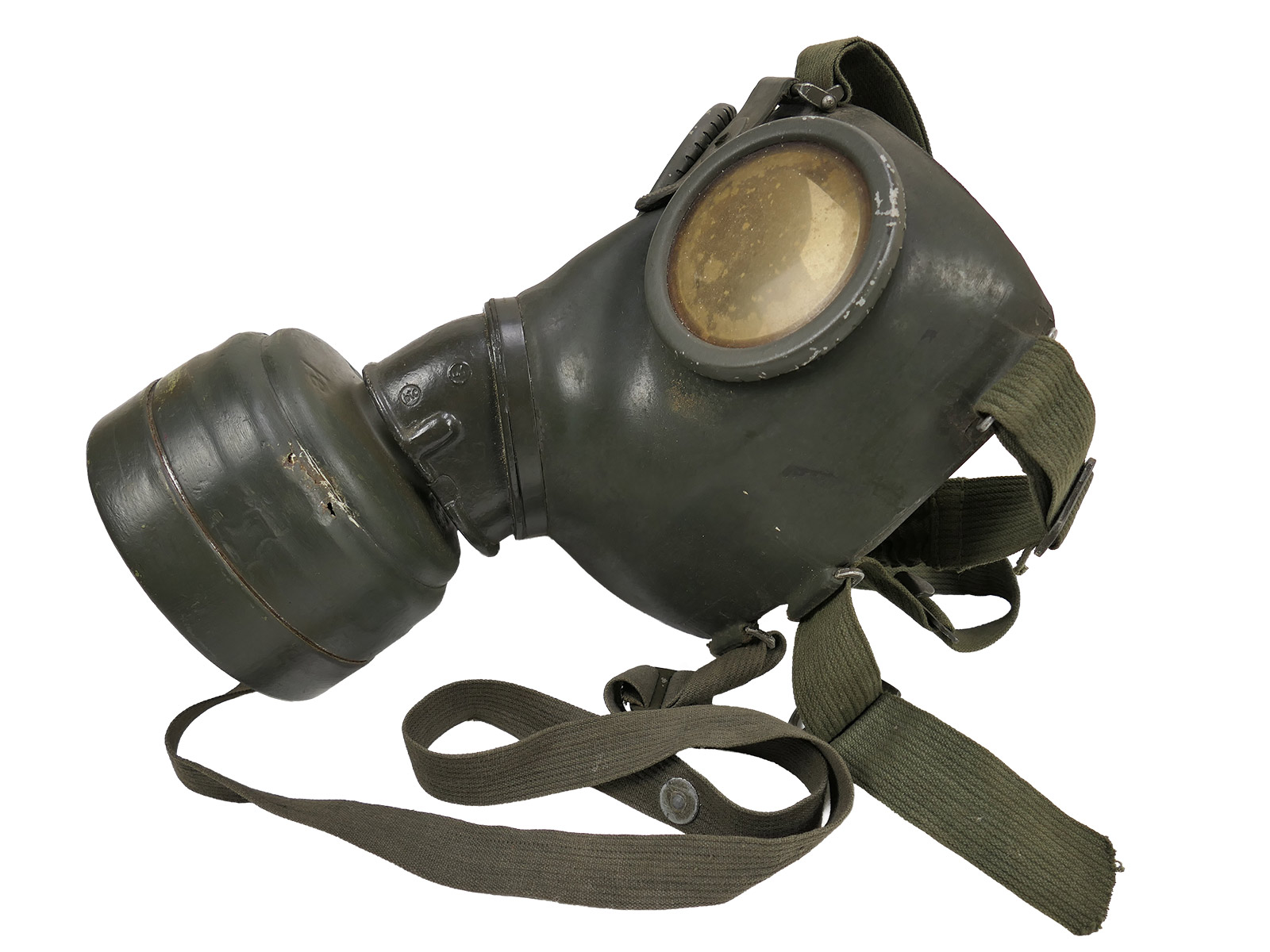 Wehrmacht Gasmaske Modell 1938 Schutzmaske Gr.3 btc41 Gummi mit Filter BATTLE WORN