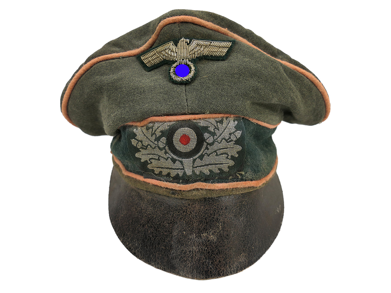 Wehrmacht Schirmmütze Offizier Panzer Panzerjäger Crusher Cap mit Effekten Tornister Knautschmütze BATTLE WORN 