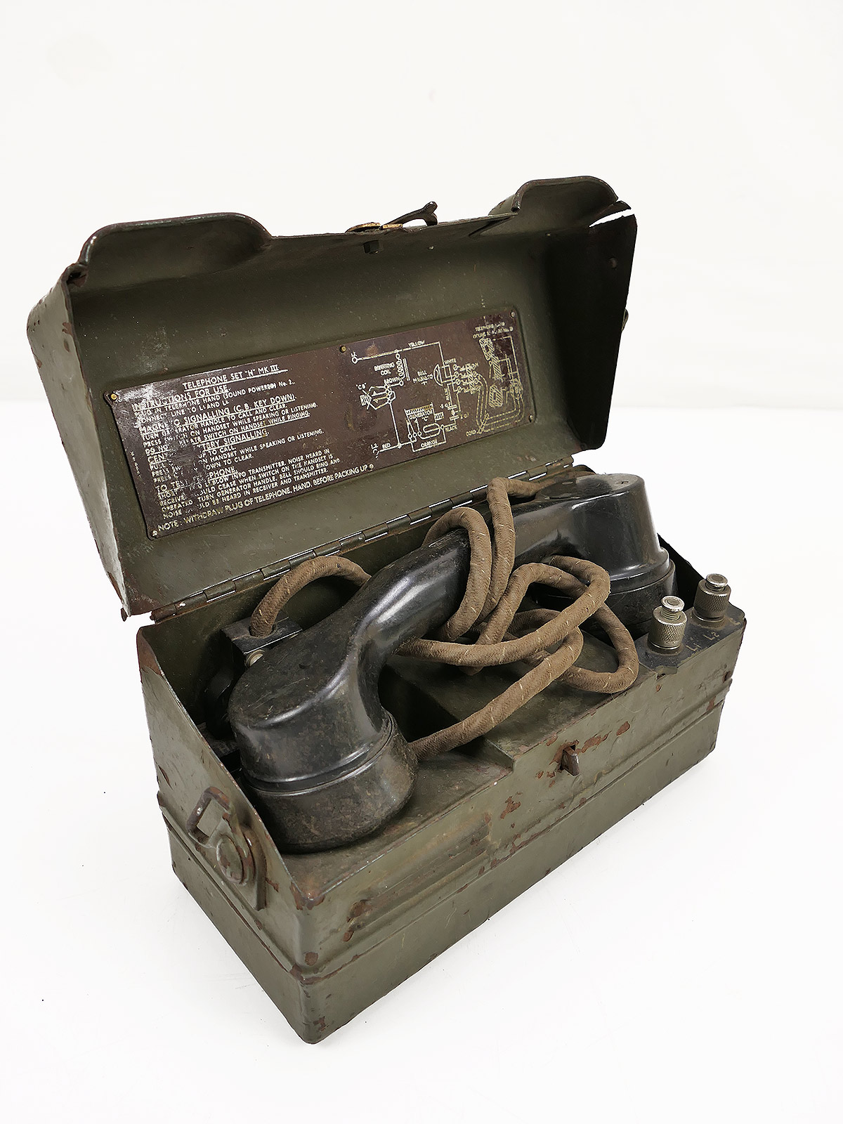 British Army WWII Vintage Military Field Telephone Set 'H' MKIII Feldtelefon mit Hörer COLLECTION BATTLE WORN
