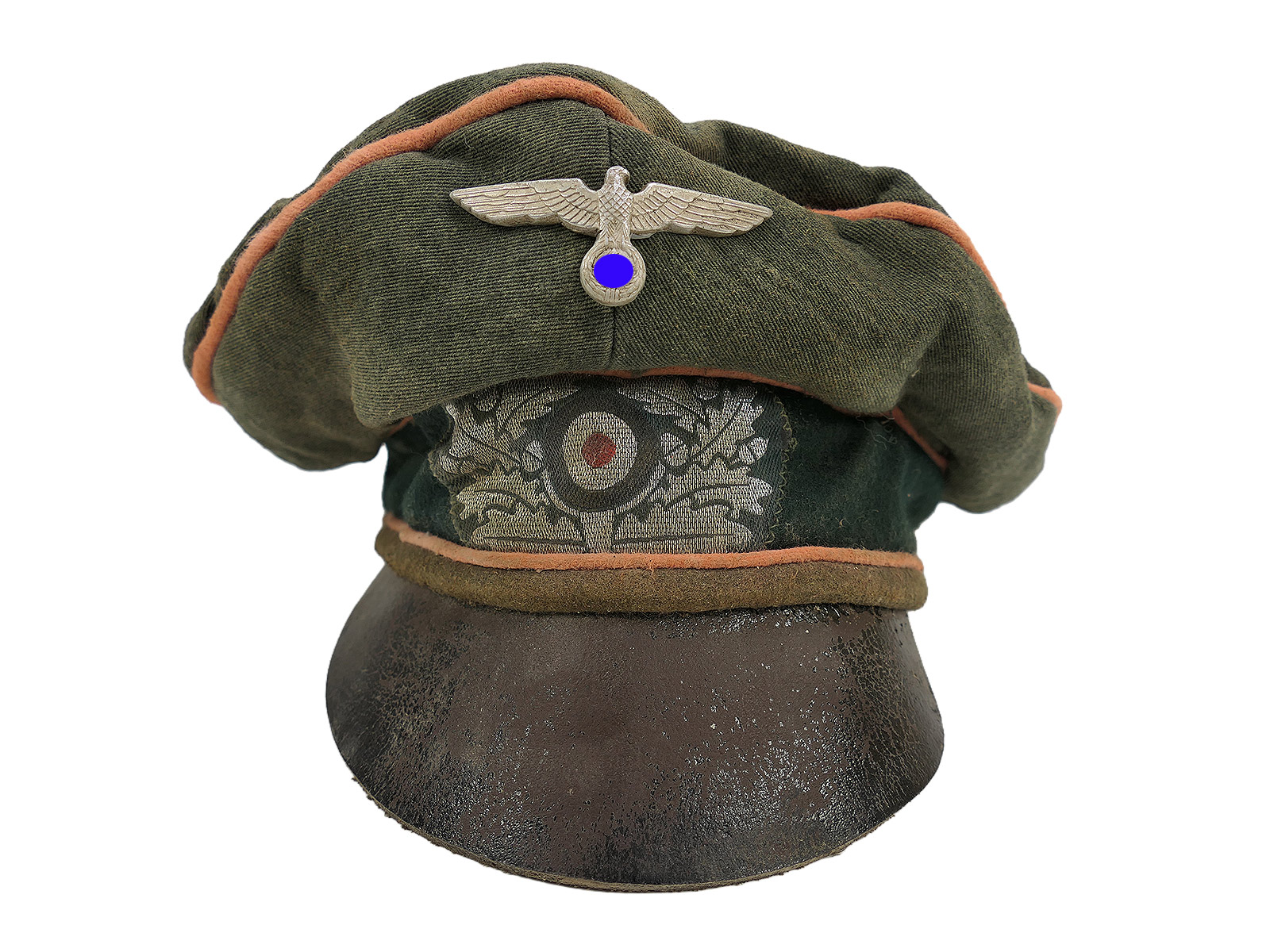 Wehrmacht Schirmmütze Offizier Panzer Panzerjäger Crusher Cap mit Effekten Tornister Knautschmütze BATTLE WORN