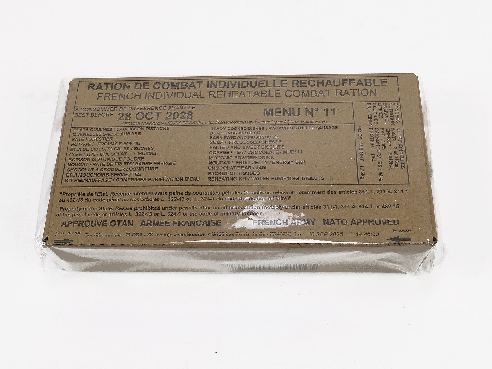 1x French ARMY EPA MRE 1x Combat Ration VERPFLEGUNG KARTON Menue "11" Sausage Porc Rice Soup