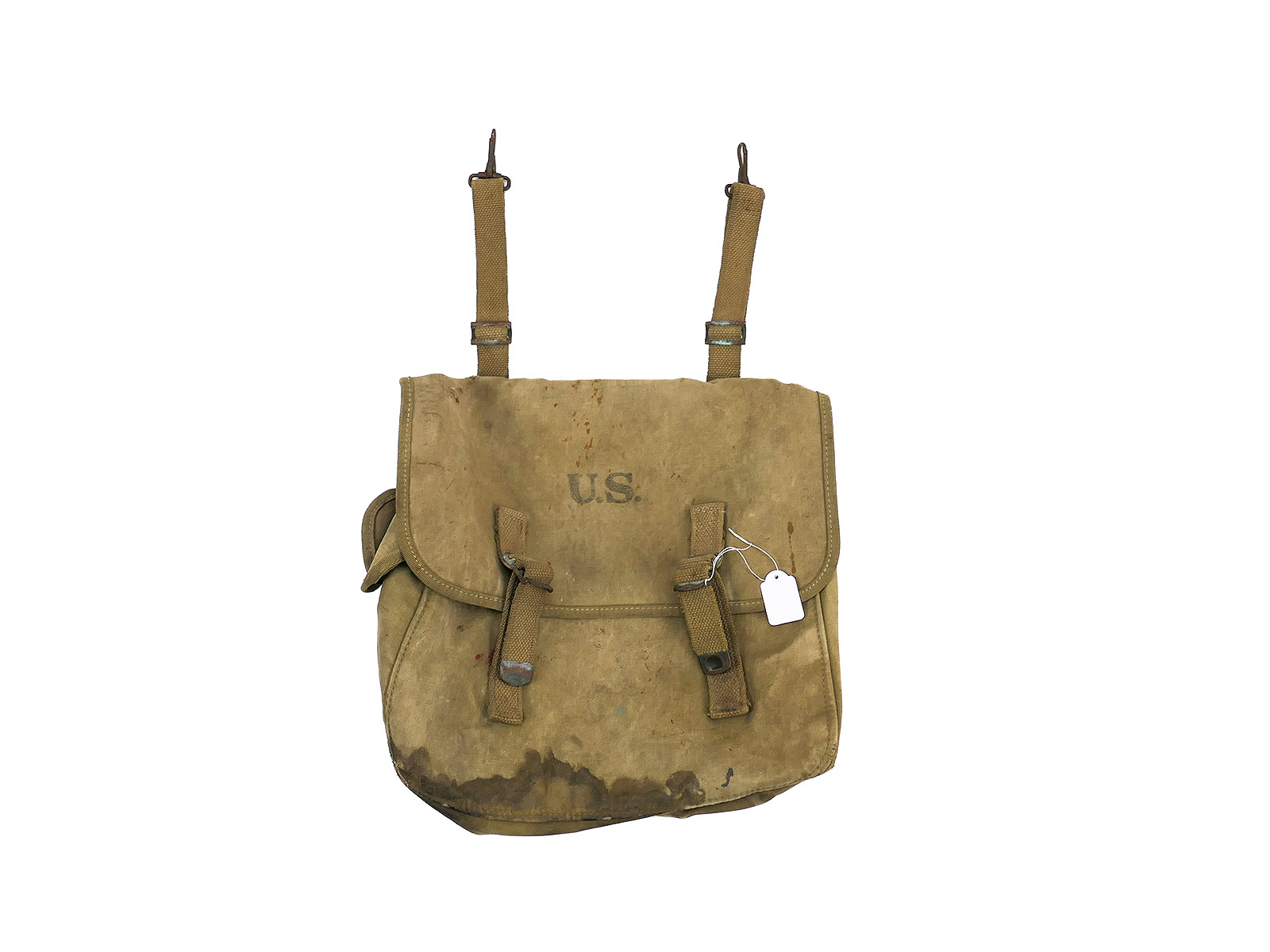Original US Army WW2 RUBBERIZED Musette Bag M-1936 khaki / Collection BATTLE WORN NORMANDIE