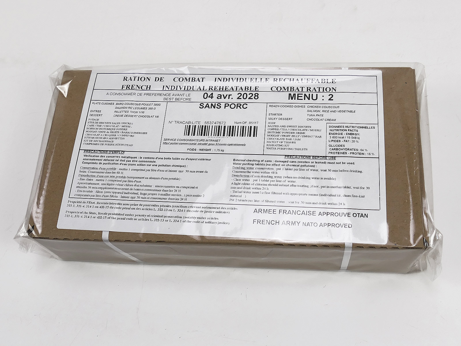 1x French ARMY EPA MRE 1x Combat Ration VERPFLEGUNG KARTON Menue "2" Chicken Couscous / Salmon rice