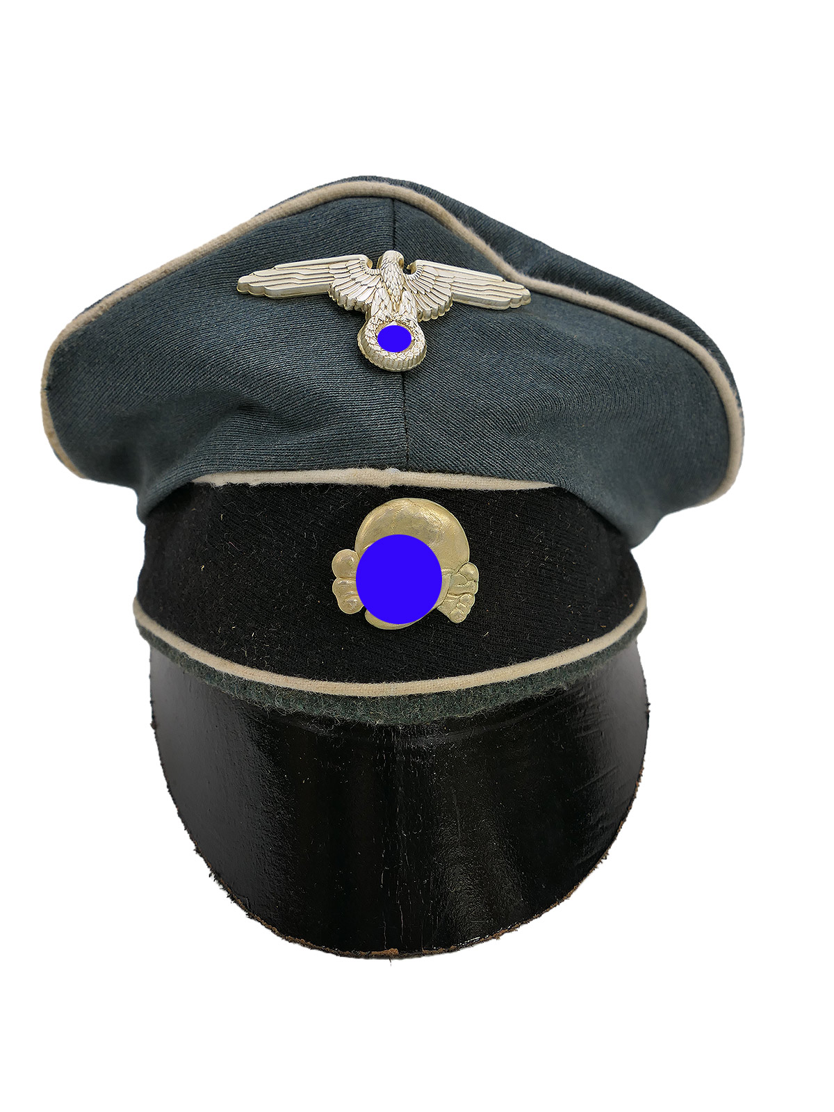 Waffen SS Schirmmütze Infanterie Crusher Cap Gabardine mit Metall Effekten Tornister Knautschmütze BATTLE WORN
