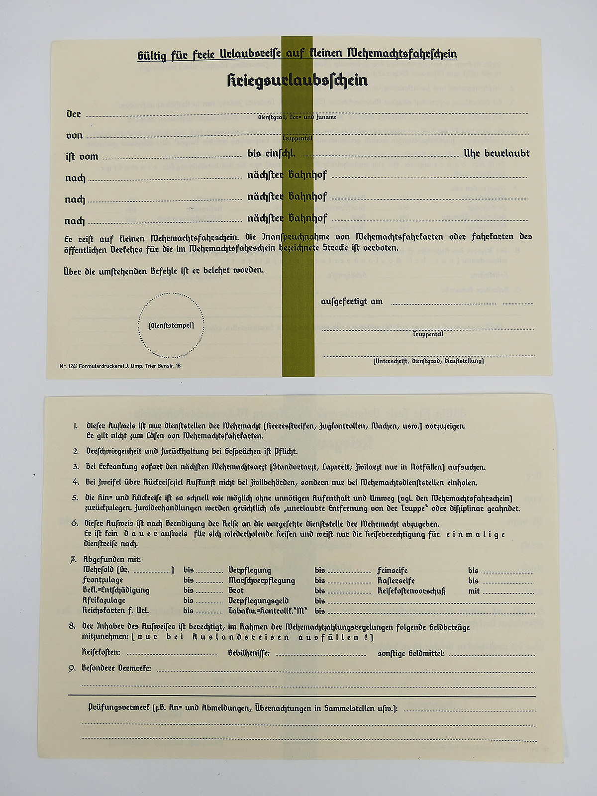 Vordruck Formular  "Kriegsurlaubsschein" Urlaubsschein freie Urlaubsreise kl. Wehrmachts Fahrschein