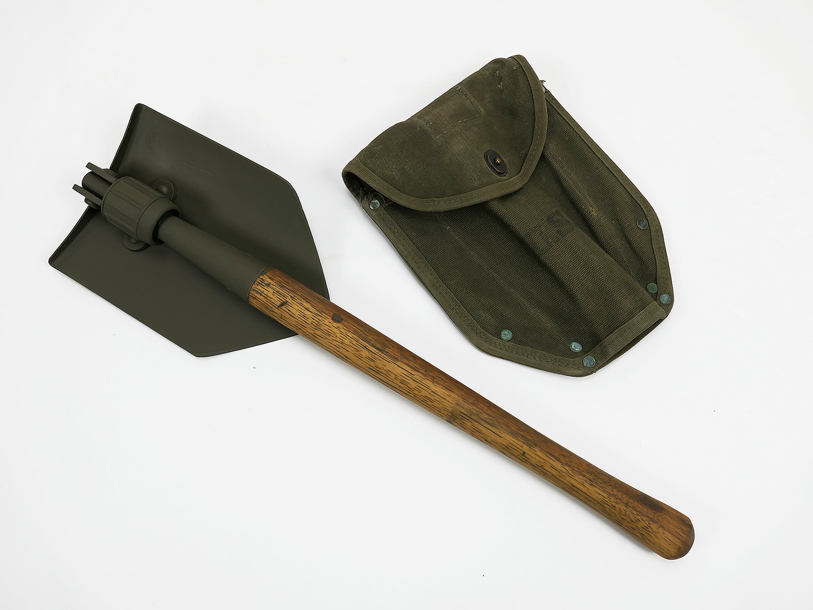 ORIGINAL US ARMY WW2 Klappspaten WOOD 1945 mit Tasche Entrenching Tool 