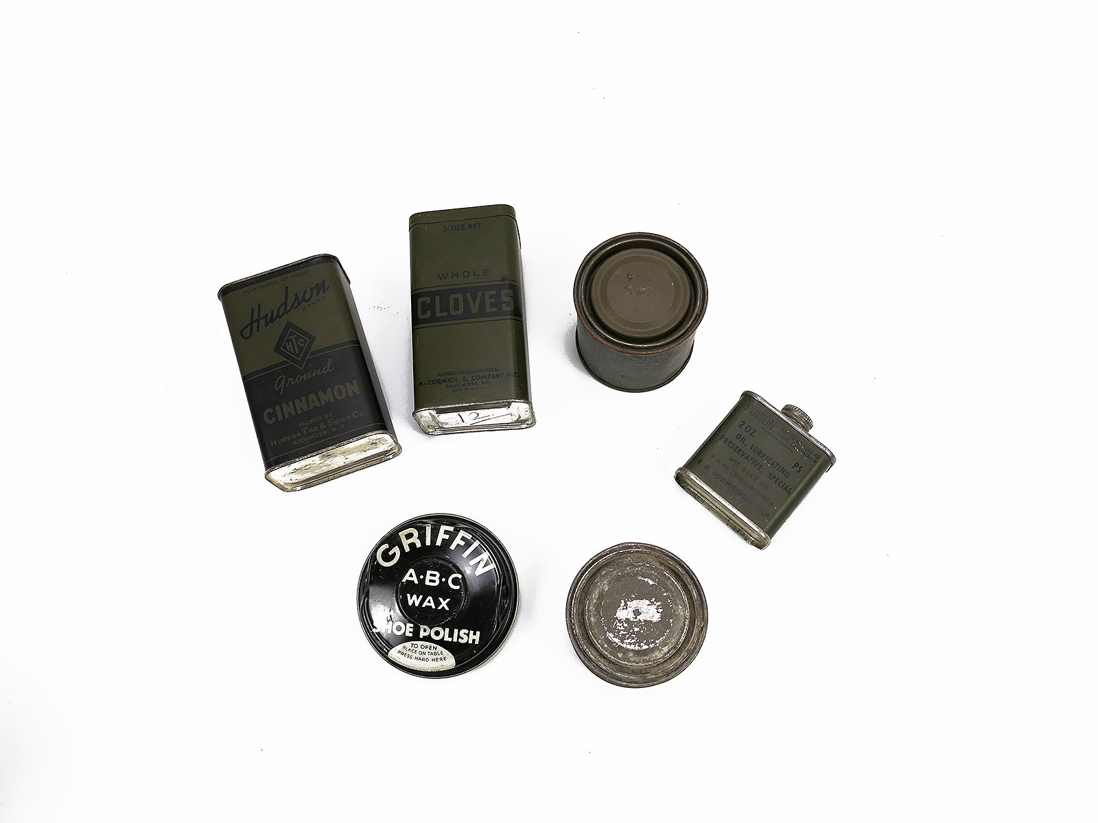 US Army Konvolut 6x Dosen Persönliches Shoe Polish Heater Cloves Lubricating Oil Cinnamon