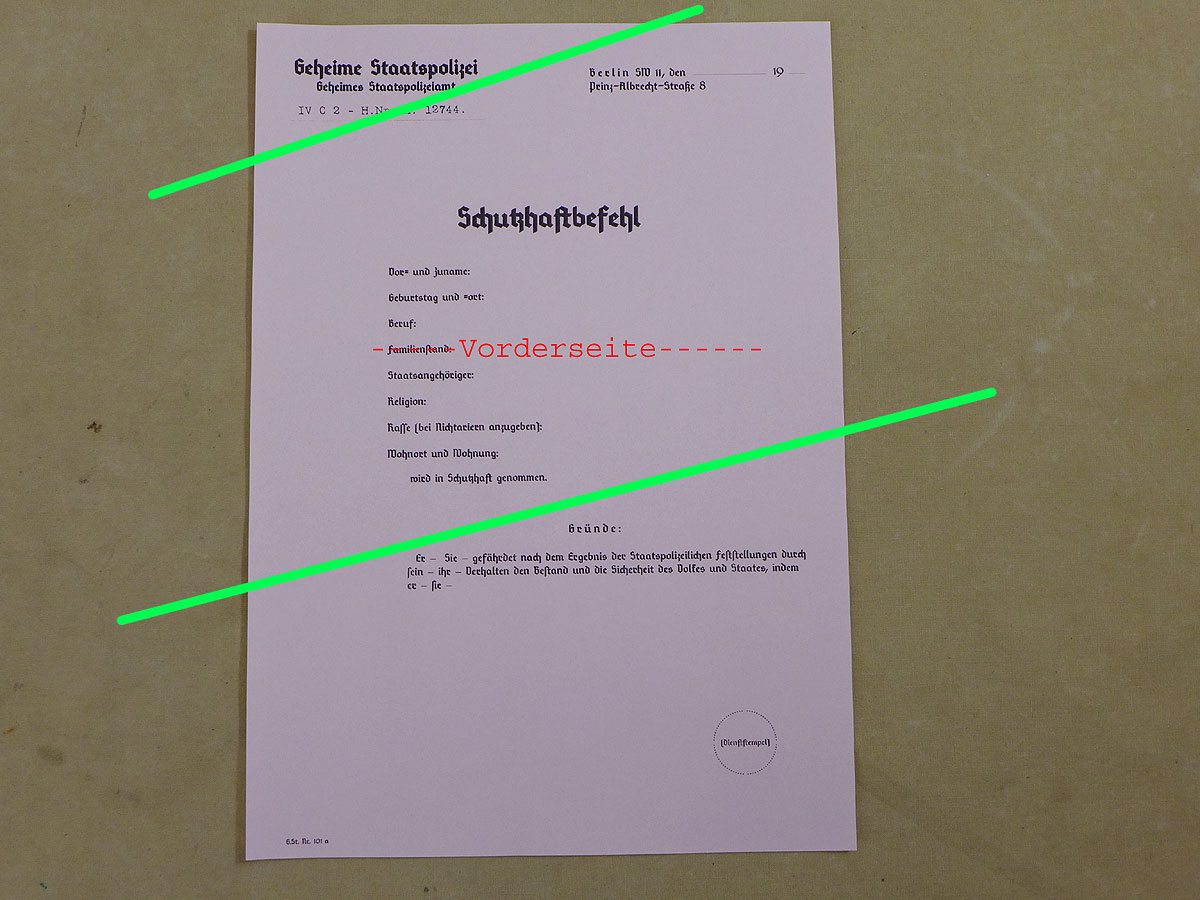 Vordruck Schutzhaftbefehl Geheime Staatspolizei