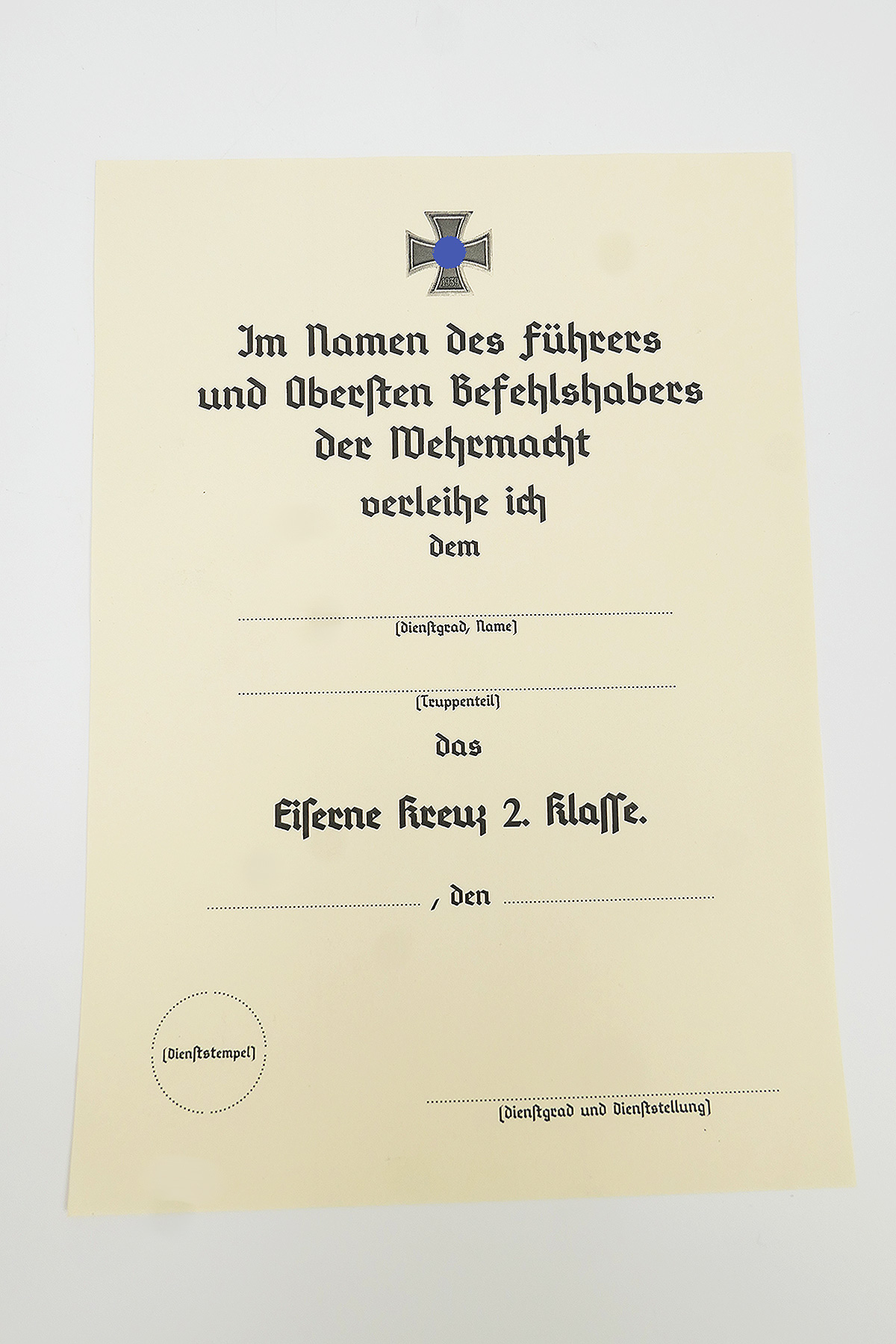 Verleihungsurkunde  Eiserne Kreuz 2.Klasse