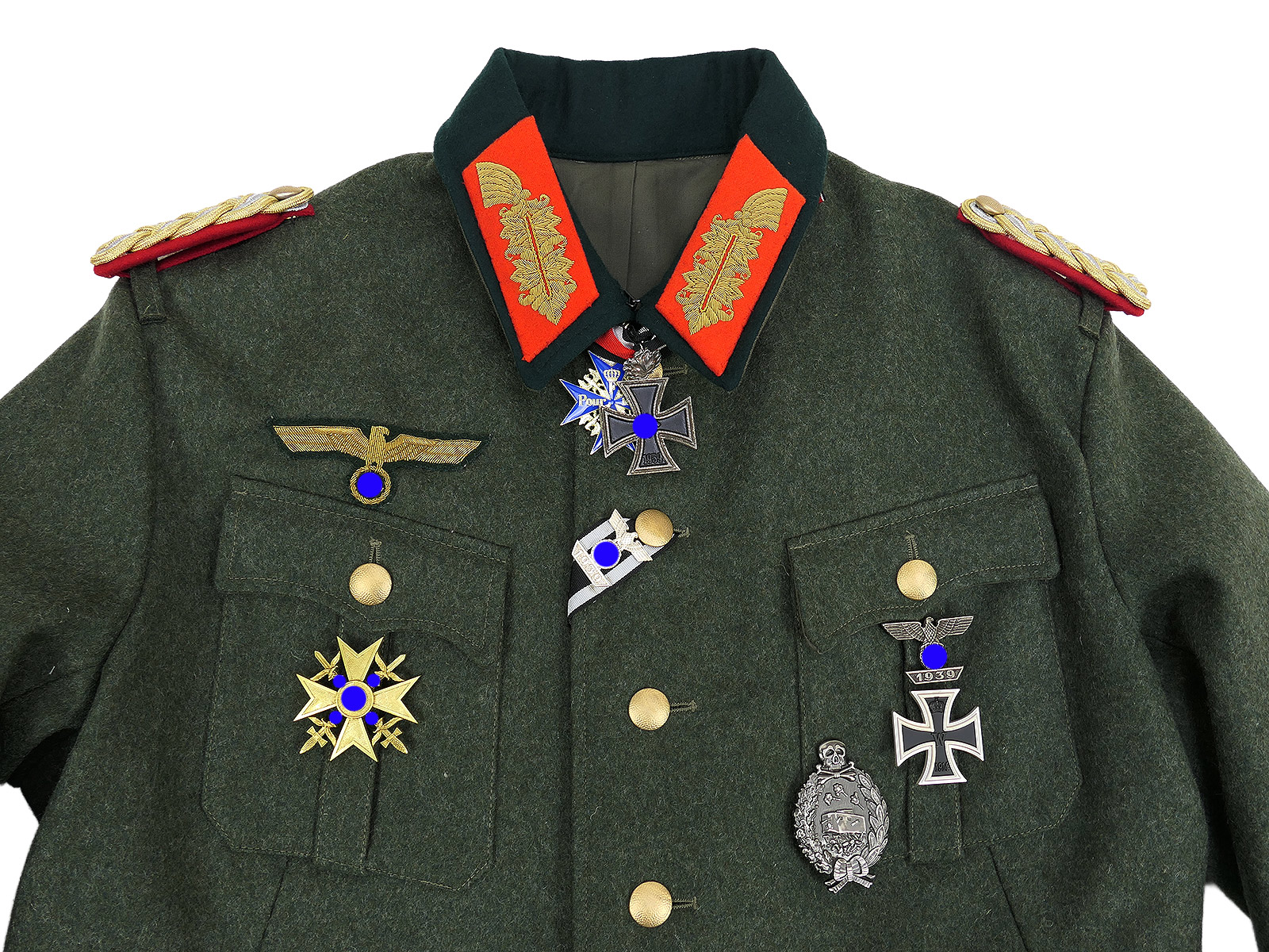 Wehrmacht M36 Uniform Feldbluse General Gr.54 mit Ritterkreuz Pour Le Merite Spanienkreuz effektiert