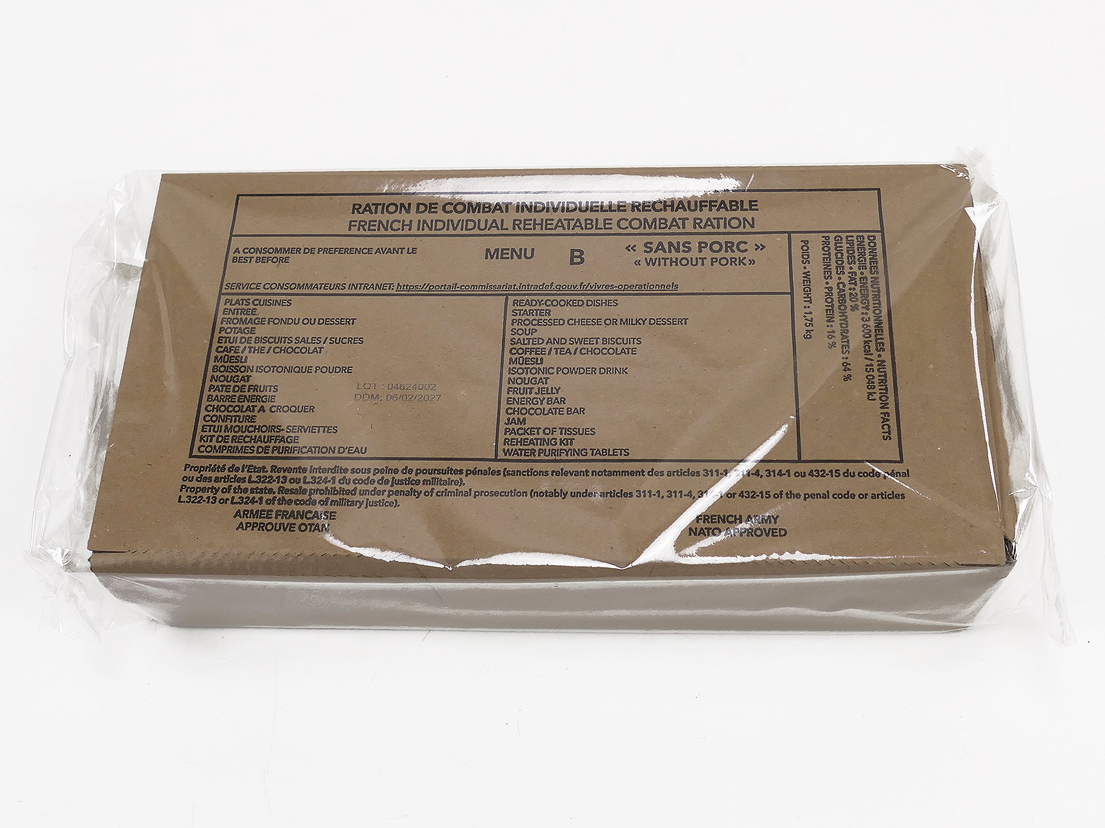 1x French ARMY EPA MRE 1x Combat Ration VERPFLEGUNG KARTON Menue "B" WITHOUT PORC