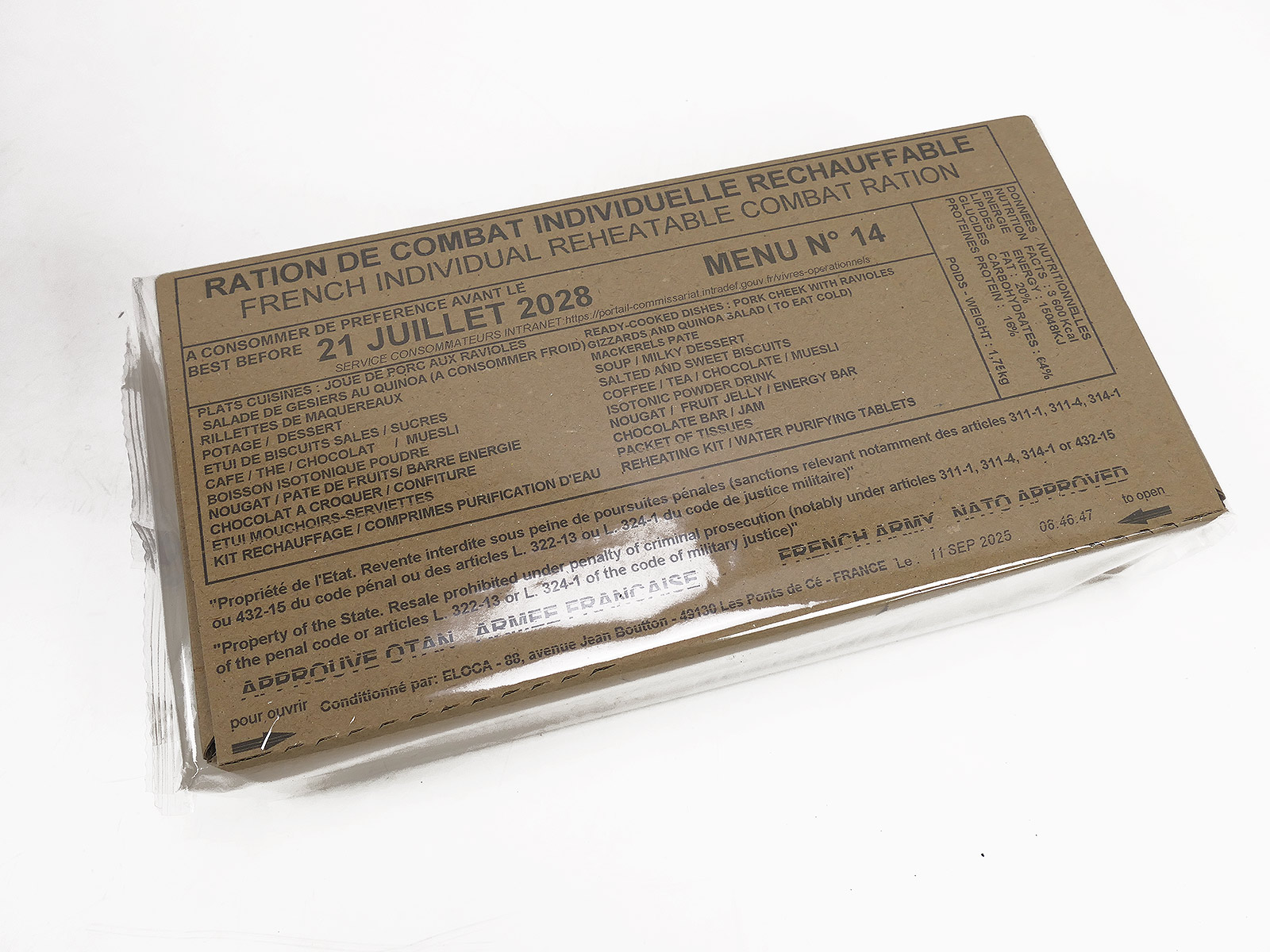 French ARMY EPA MRE 1x Combat Ration VERPFLEGUNG KARTON Menue "14" PORC Raviole Reheatable 24h