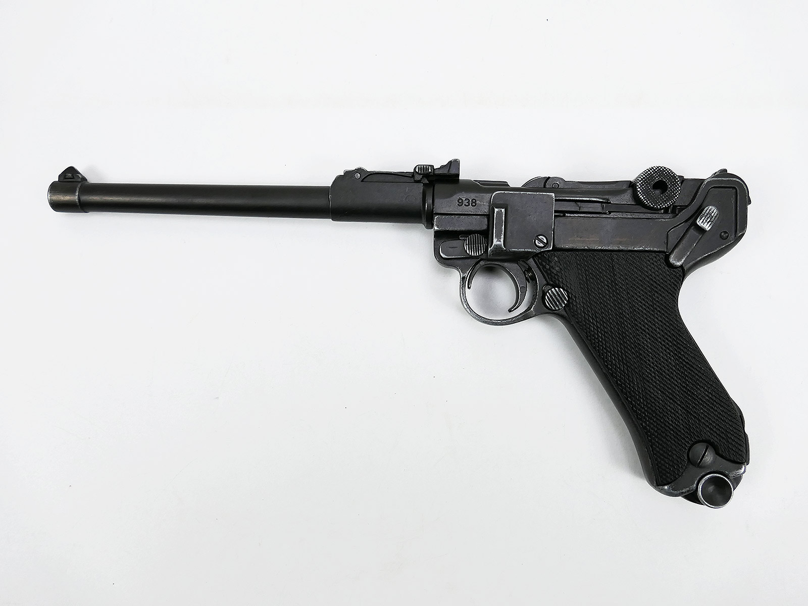 Wehrmacht Dekopistole Luger Artillerie P08 mit langem Lauf und schwarzem Griff Antik Finish