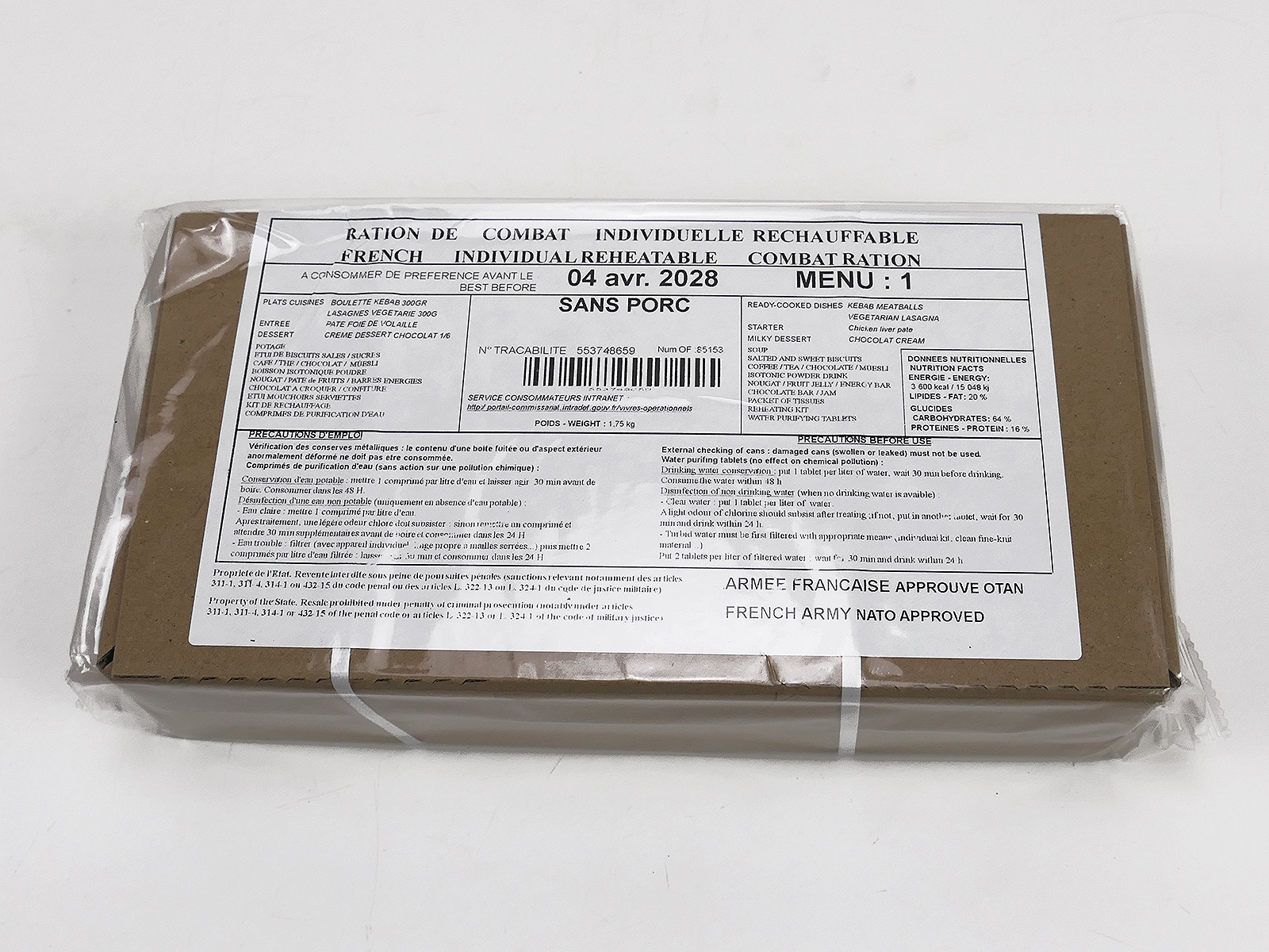 1x French ARMY EPA MRE 1x Combat Ration VERPFLEGUNG KARTON Menue "1" Kebab Meatballs / Veg. Lasagne