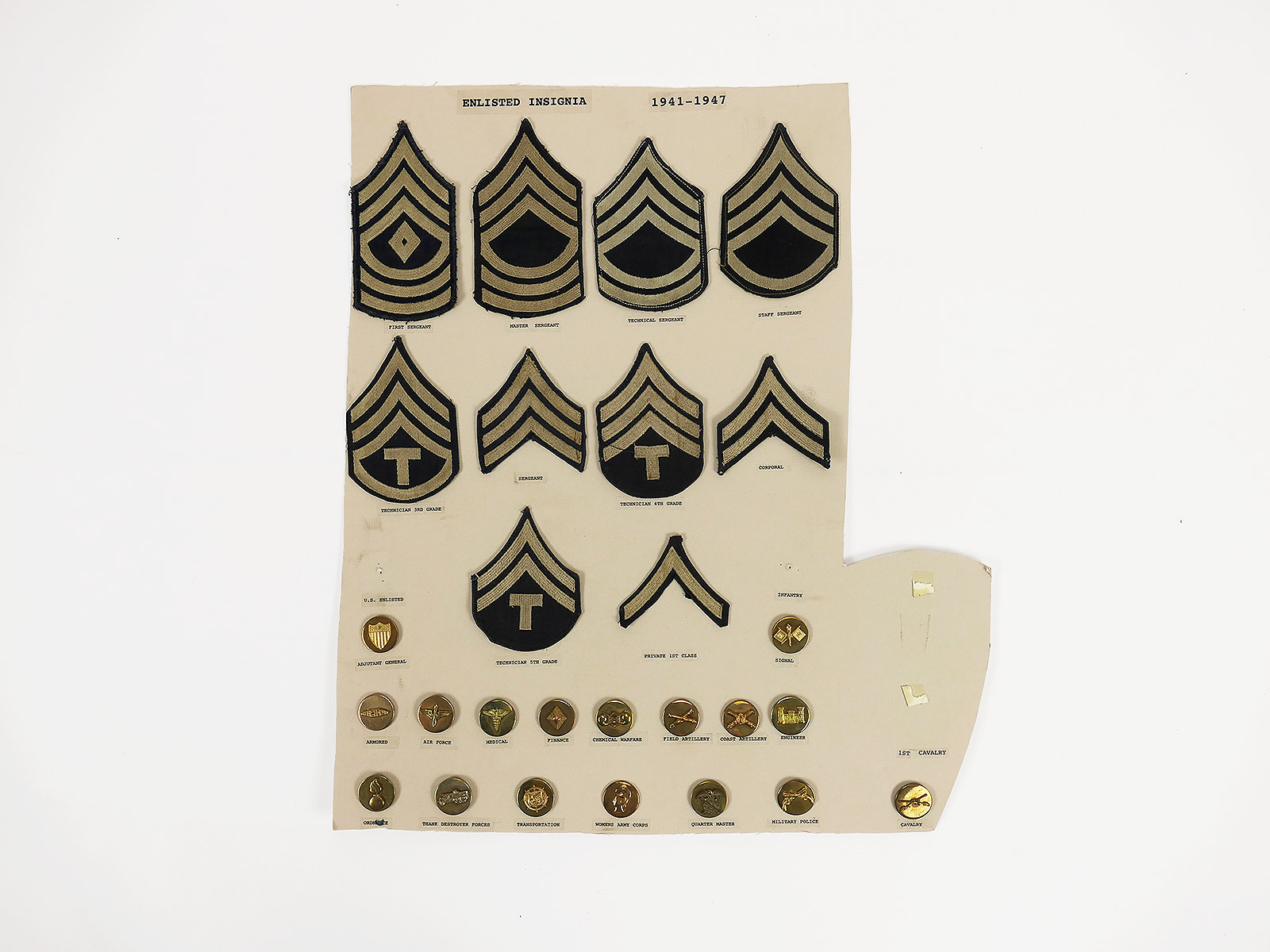 Show Card / Schautafel mit 27x US ARMY ENLISTED INSIGNIA Abzeichen Patch Rank Collar Disk 1941-1947
