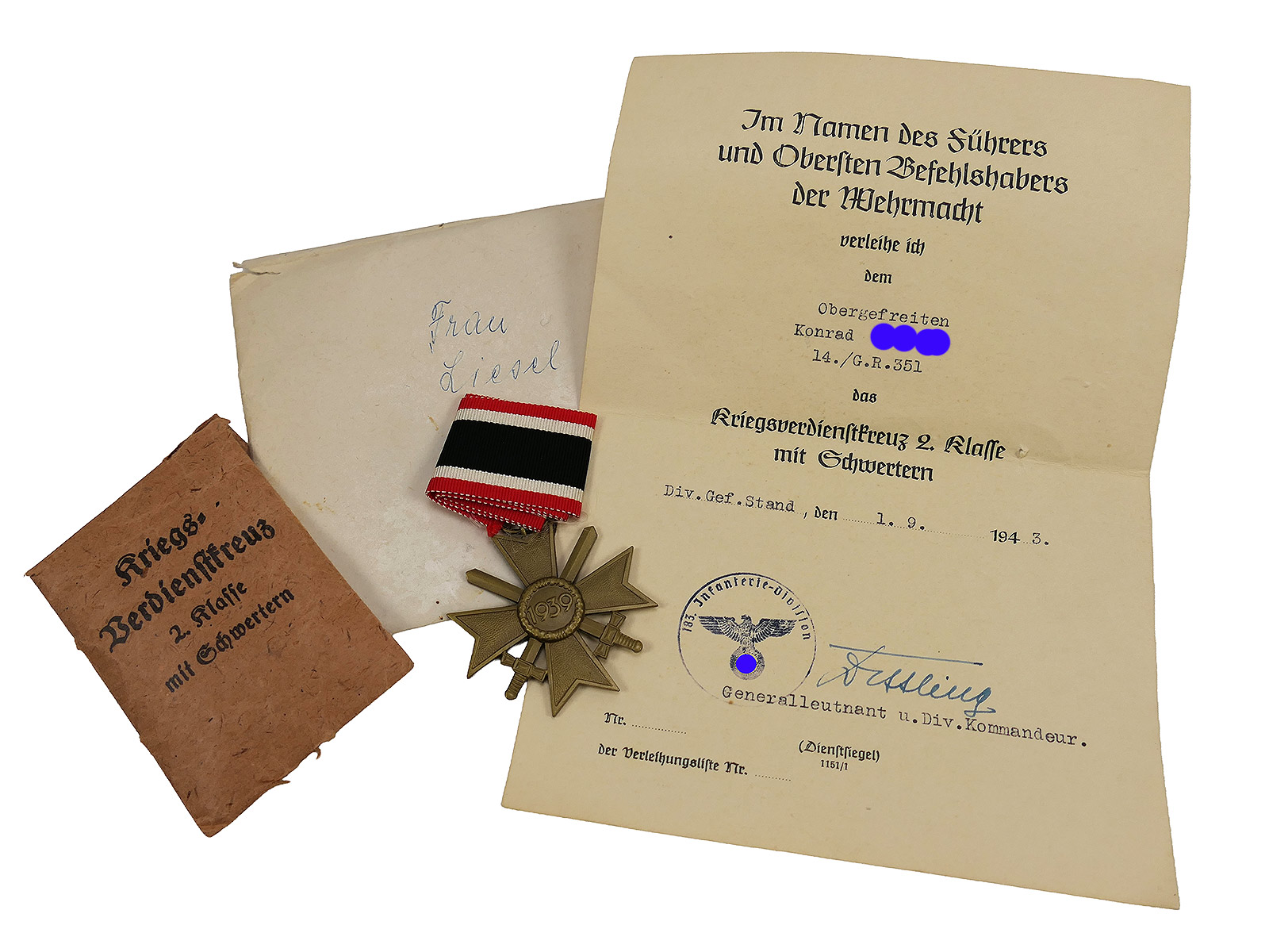 Kleiner Nachlass Original Kriegsverdienstkreuz 2.Klasse mit Schwertern KVK 1939 mit Band / Tüte + Urkunde