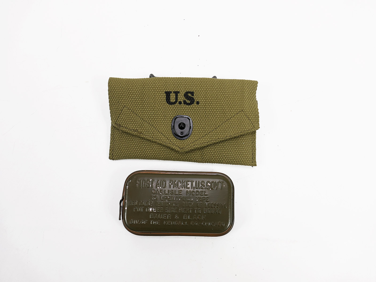1x US Army WW2 First Aid Kit - Pouch + Original Dressing Erste Hilfe Carlisle Verbandspäckchen Metalldose OLIV