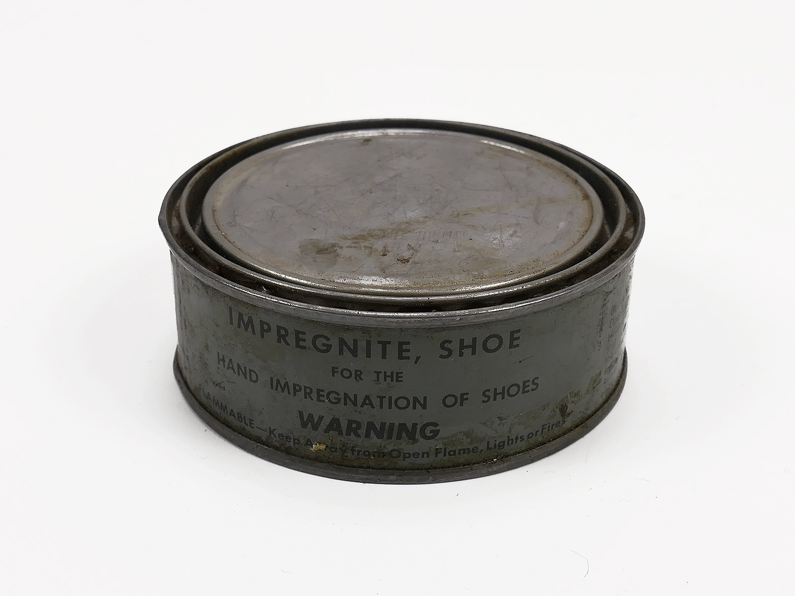 Original US Army WW2 Impregnite Shoe tin Imprägniermittel Stiefel Schuhfett Fett Dose Collection BATTLE WORN