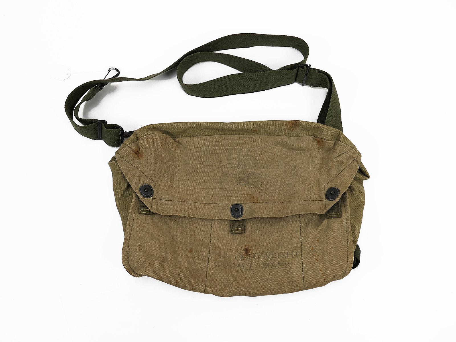 #2 Original US Army WW2 Lightweight Gas Mask Bag khaki Gasmaskentasche / Collection BATTLE WORN 