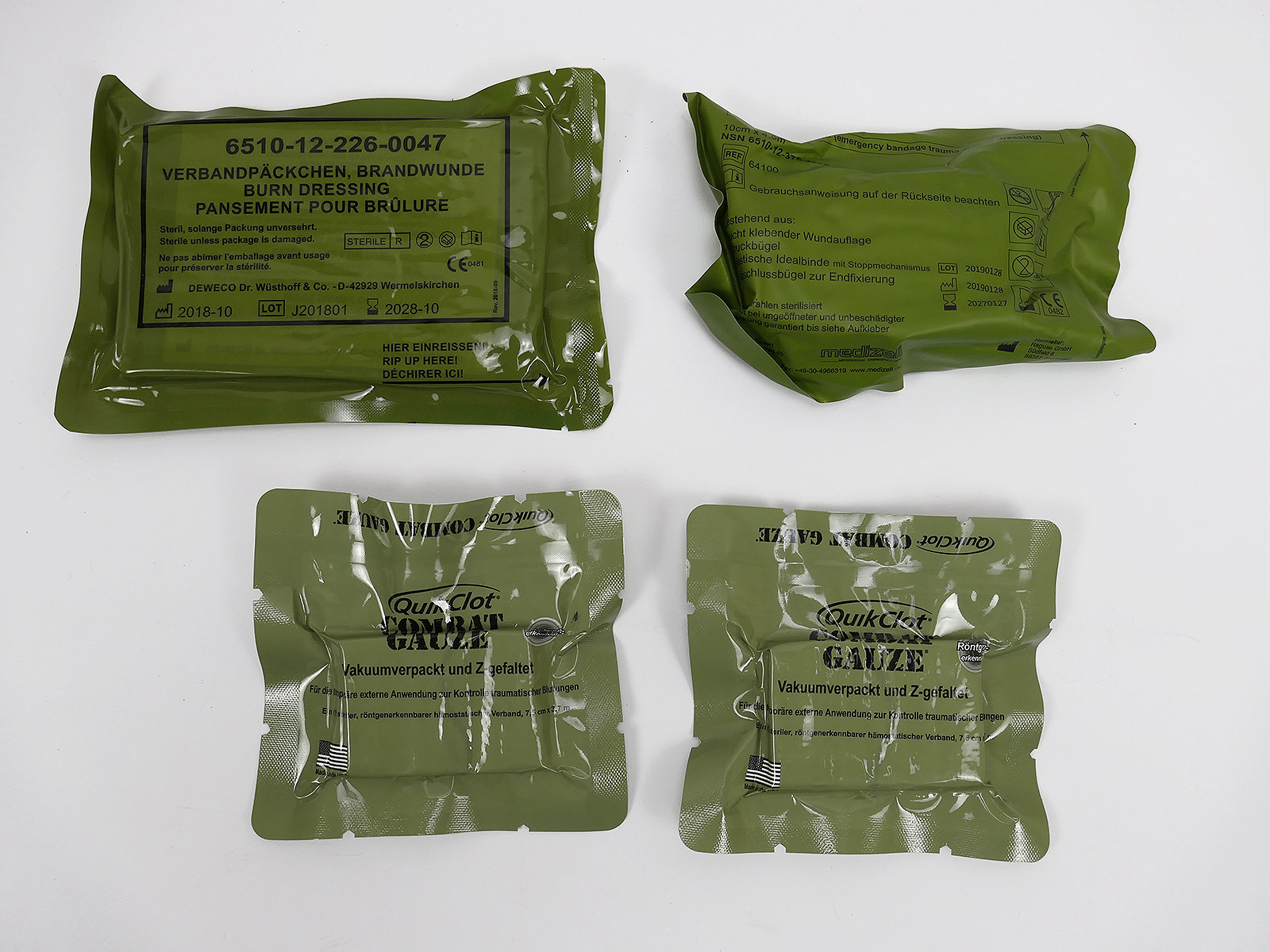 4x Stück FIRST AID Erste Hilfe Tools 2x Quikclot Combat Gaze Brandwunde Emergency Trauma Wound