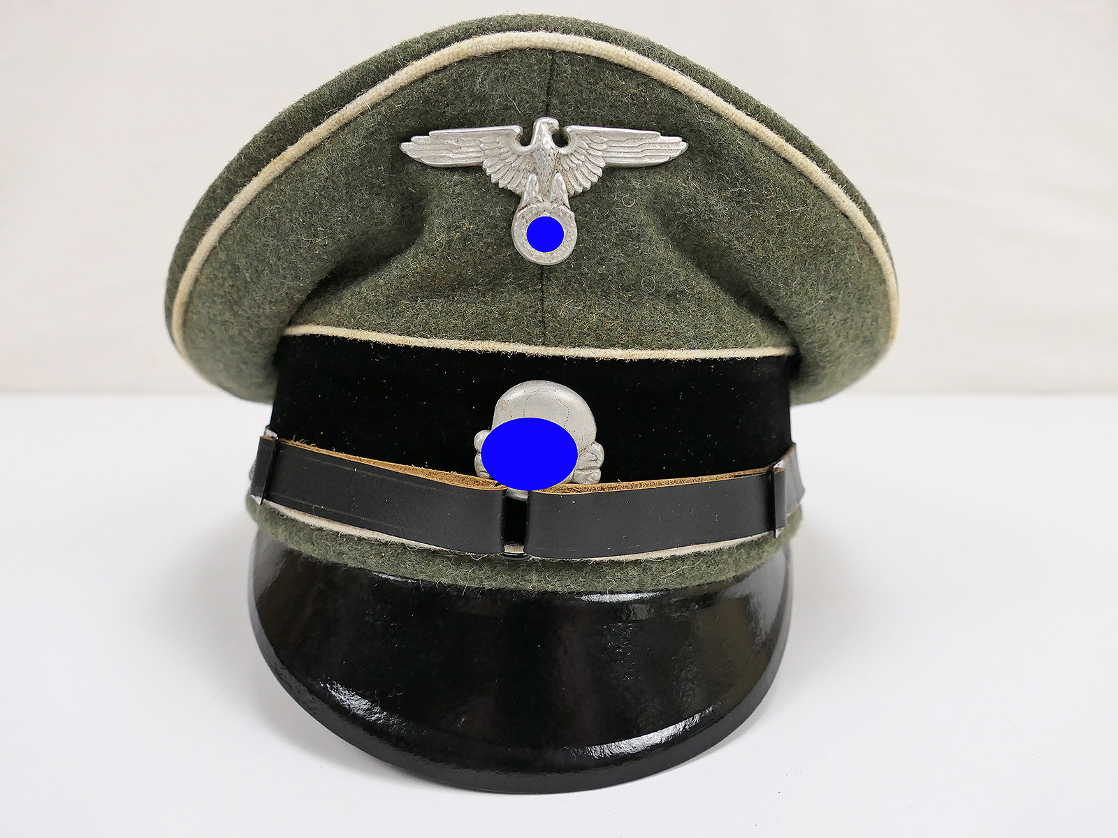 Waffen SS Schirmmütze Offizier (aber mit Leder Sturmriemen) Gr.59 mit Metall Effekten