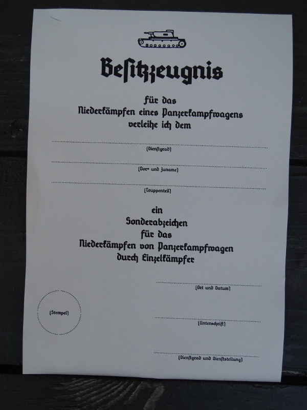 2194-1 Besitzzeugnis "Panzervernichter"