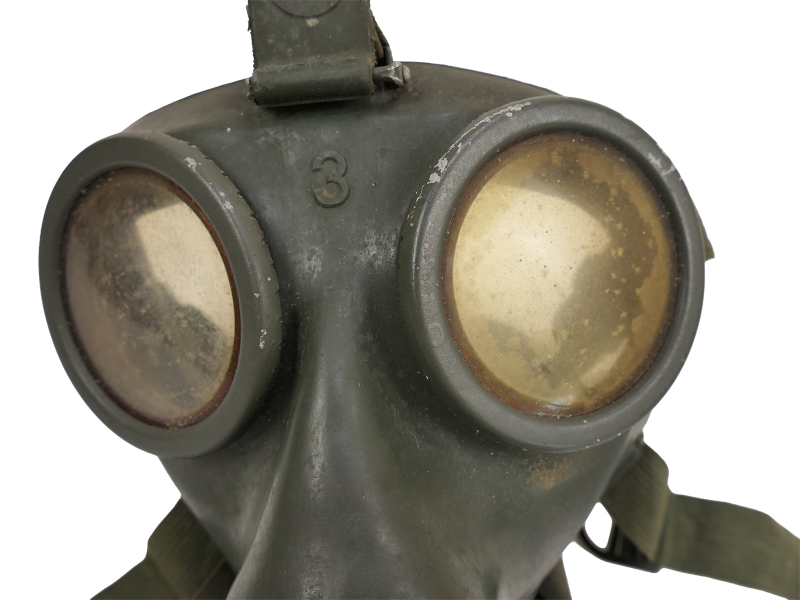Wehrmacht Gasmaske Modell 1938 Schutzmaske Gr.3 btc41 Gummi mit Filter BATTLE WORN