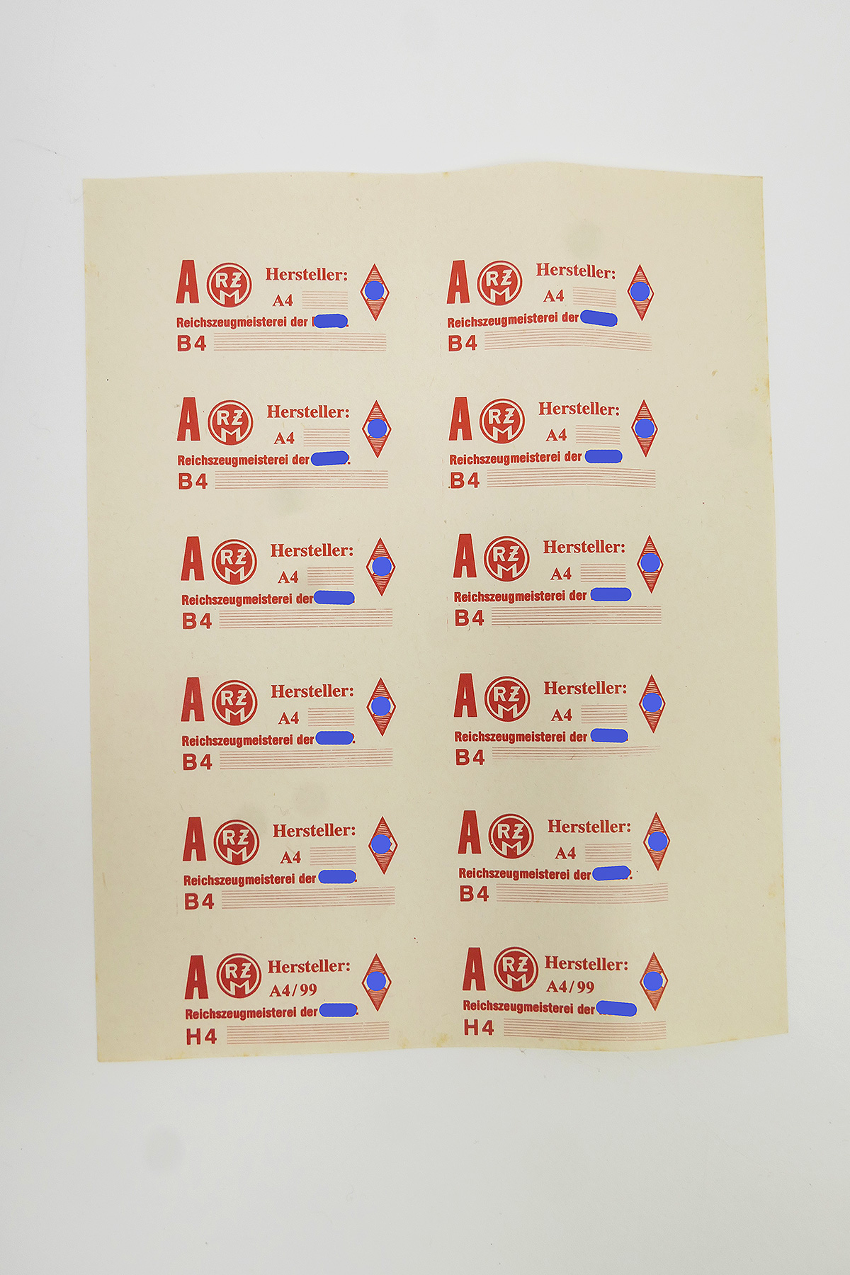 RZM Herstelleretikett Papier Bogen mit 12x Stück