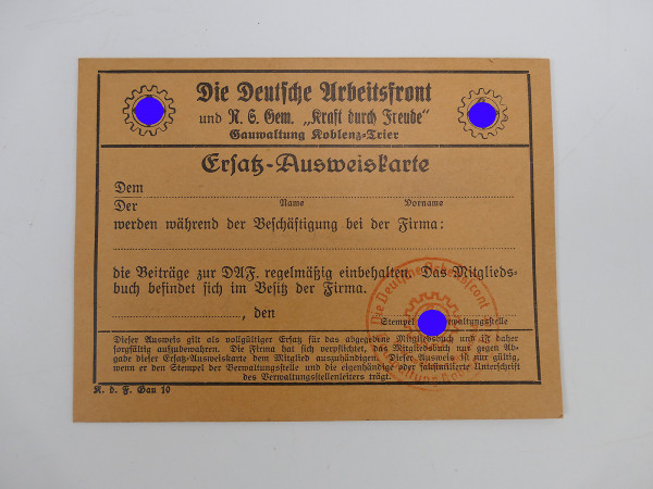 Die Deutsche Arbeitsfront / Kraft durch Freude Gau Koblenz-Trier Ersatz-Ausweiskarte Blanko Stempel
