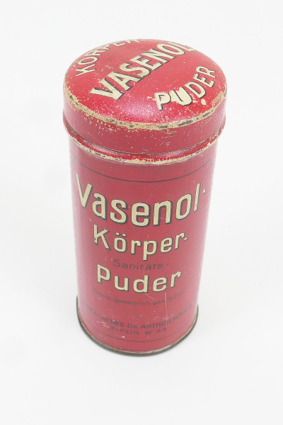 Alte Blechdose Streuer Vasenol Körperpuder Dr Arthur Köpp Leipzig