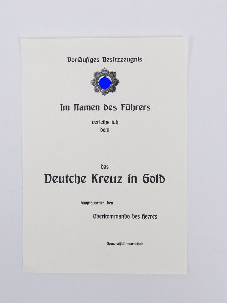 A5 Blanko Urkunde Deutsches Kreuz in Gold Verleihungsurkunde OKW
