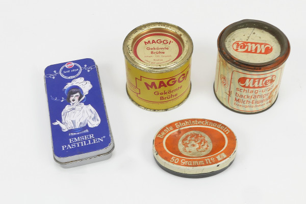 4x alte Blechdose Maggi - Milei - Emser Pastillen - Beste Stahlstecknadeln