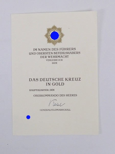 Große Blanko Urkunde Deutsches Kreuz in Gold Verleihungsurkunde GFM Keitel
