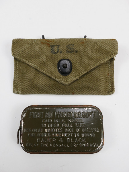 US Army First Aid Kit - Pouch 1942 khaki + Dressing Erste Hilfe Carlisle Verbandspäckchen Metalldose