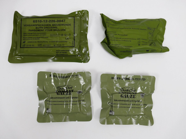 4x Stück FIRST AID Erste Hilfe Tools 2x Quikclot Combat Gaze Brandwunde Emergency Trauma Wound