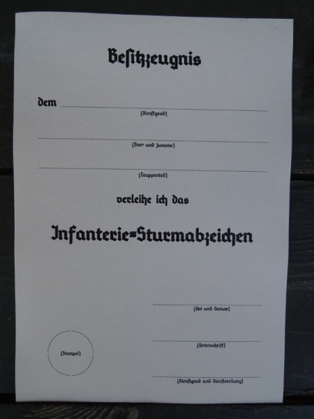 Besitzzeugnis "Infanterie-Sturmabzeichen"