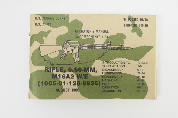 US Army + Marine Corps - Operator`s Manual M16A2 Rifle 5.56MM - August 1986