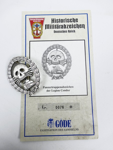 Göde Sammleranfertigung Panzertruppenabzeichen der Legion Condor Panzerkampfabzeichen